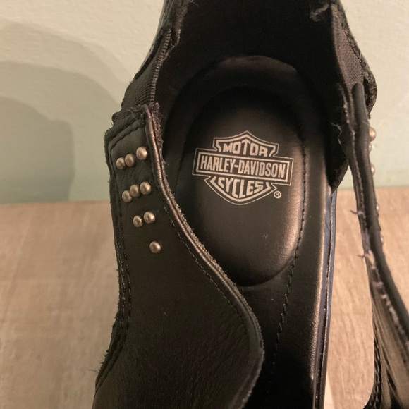Harley-Davidson Women’s Black Leather Wedge Open Toe Heels Size 10 - Picture 3 of 16